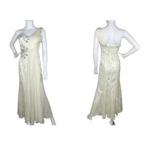 Size 6 Maxi One Shoulder Lace Gown Maxi Dress Whimsical Fairy Angelic Prom Ivory